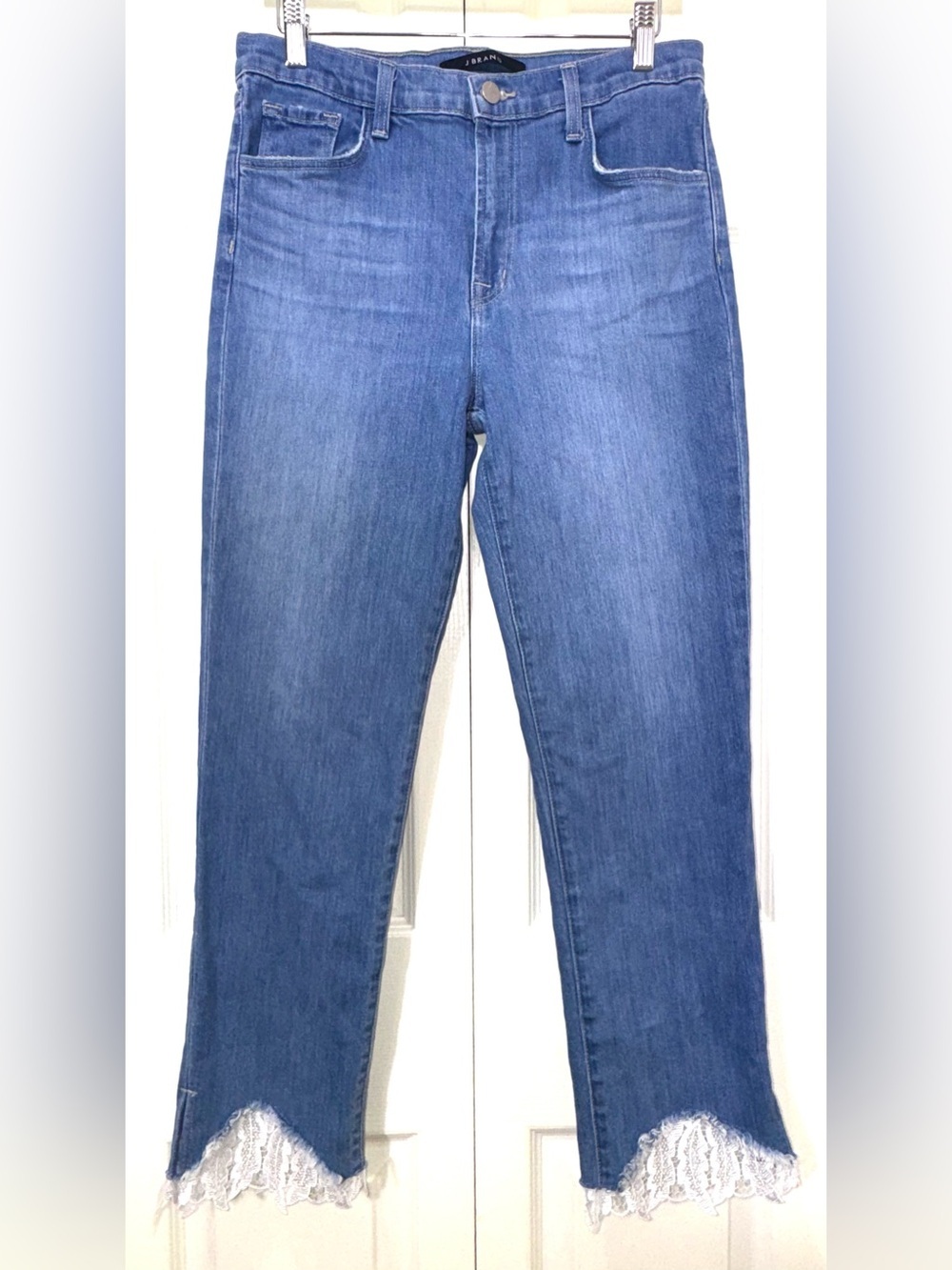 J Brand Ruby High Rise Crop Cigarette Jeans Lace Hem Blue Size 29